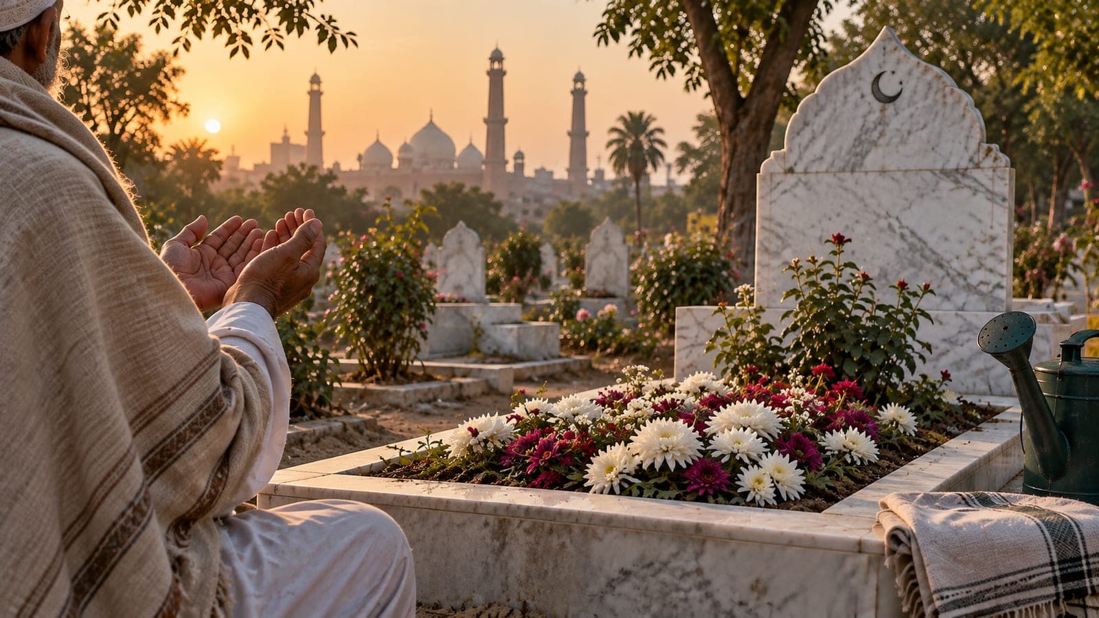 A man sitting beside a flower-covered marble grave in Lahore, hands raised in dua at sunset