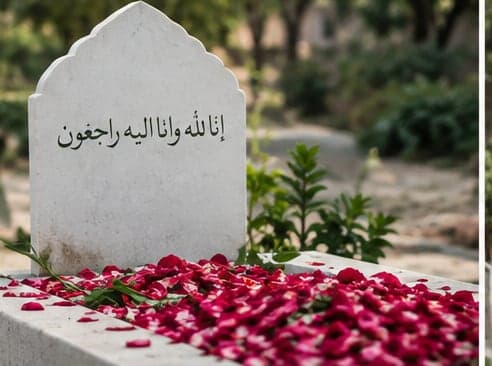 A marble headstone with fresh rose petals spread across the grave