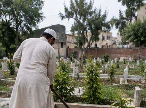 A caretaker turning the soil beside a grave in a Lahore graveyard