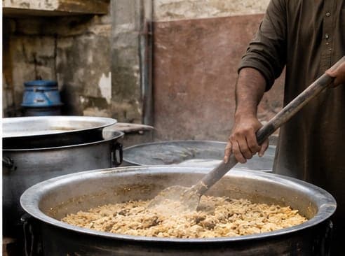 Biryani cooking in a large deg, stirred with a wooden ladle