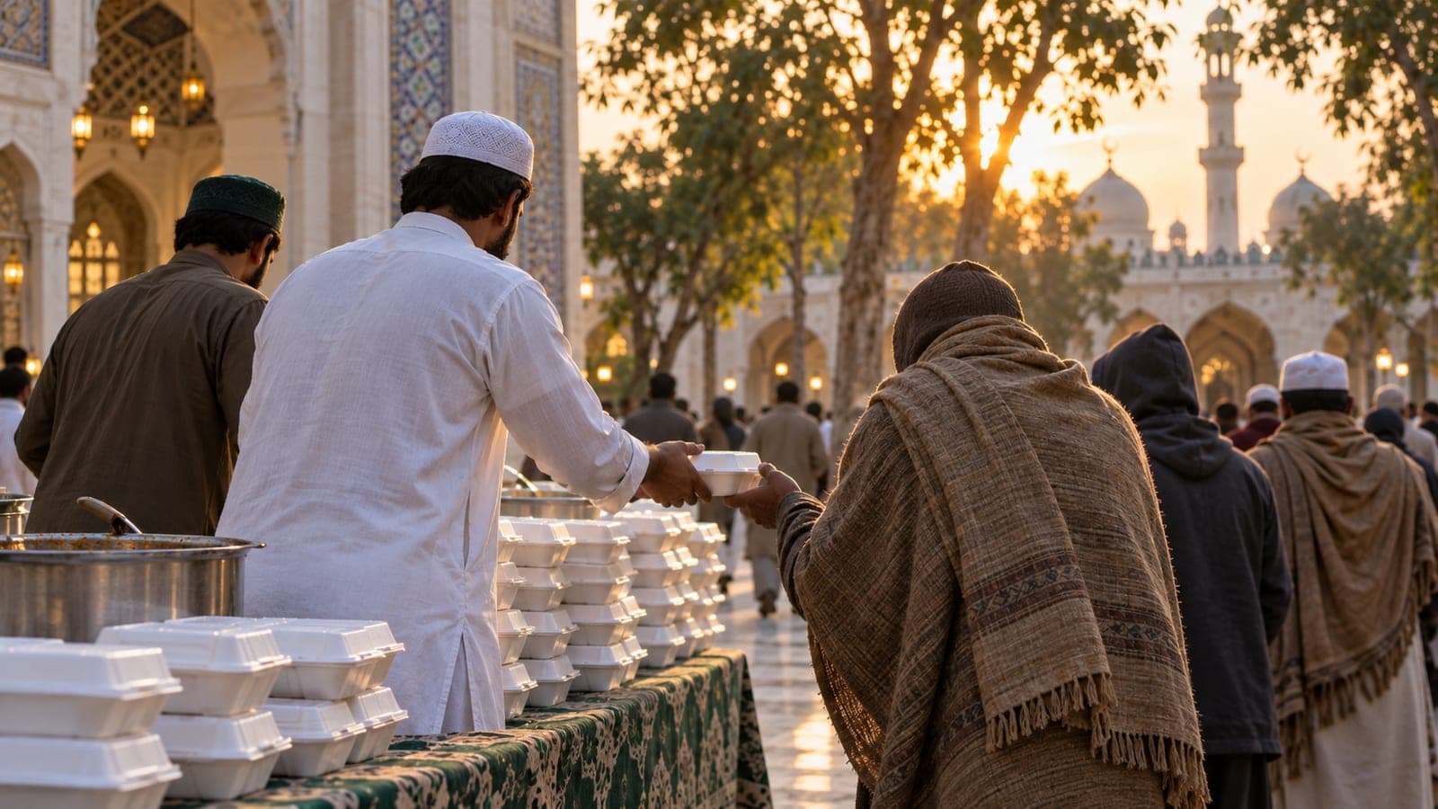 Food boxes being handed out to people gathered outside a mosque