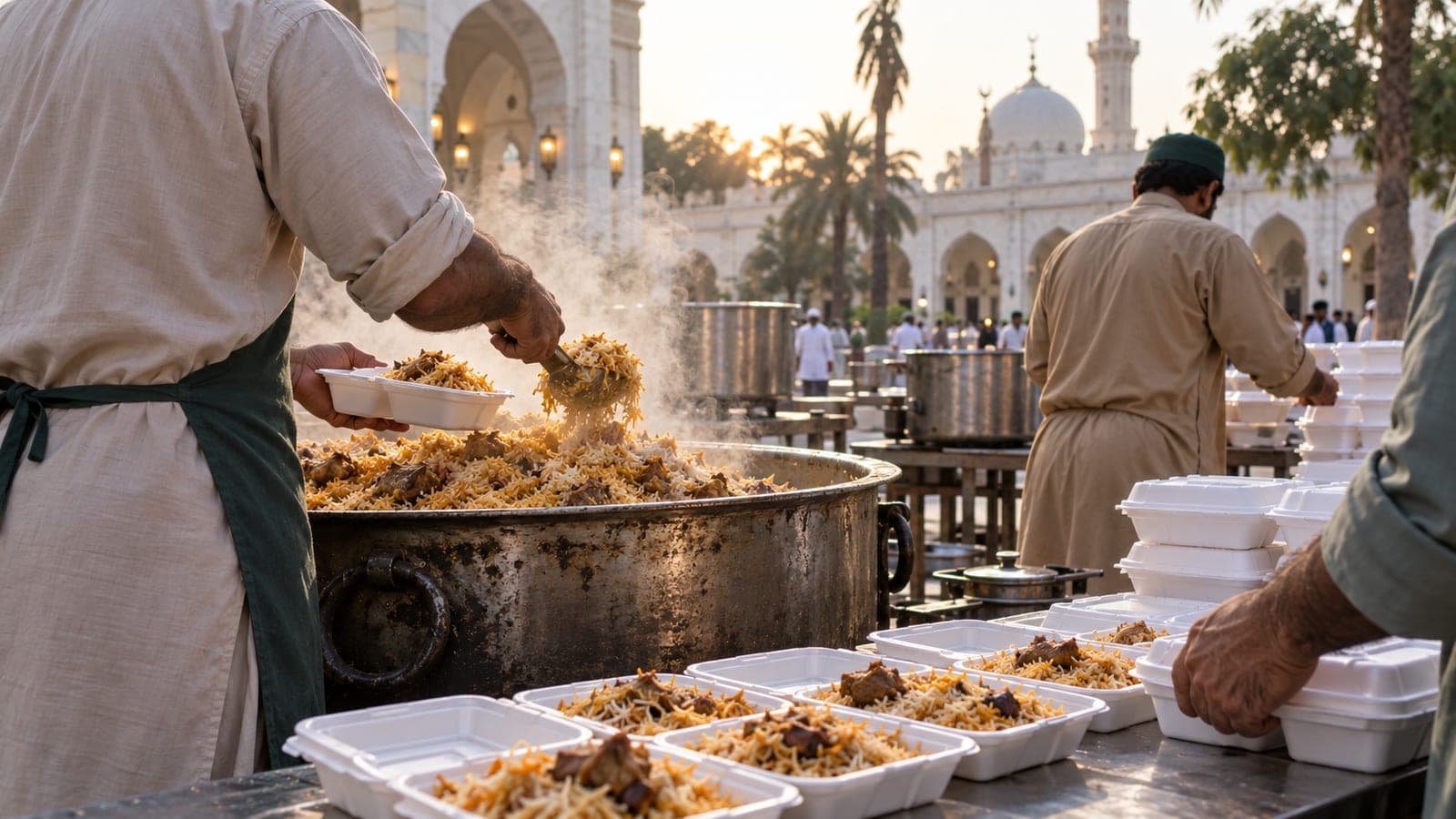 Biryani being served from a large deg into boxes outside a mosque